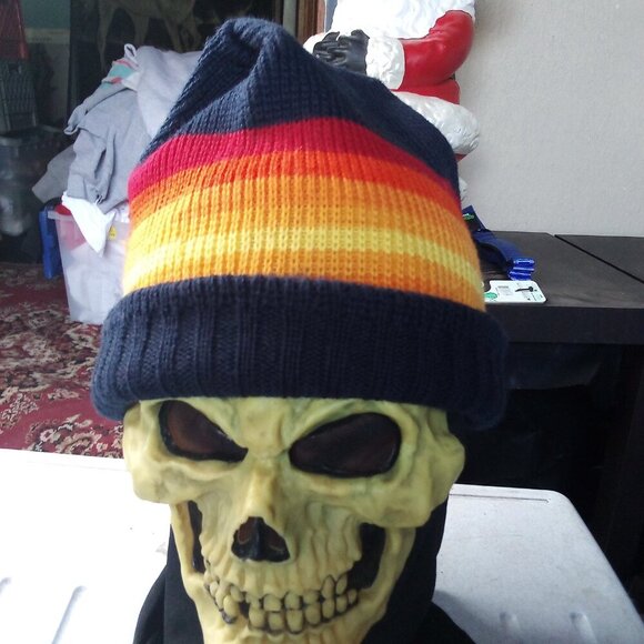 Vintage 80s Smiley Stiped Wool Winter Ski Hat Beanie - Picture 4 of 8